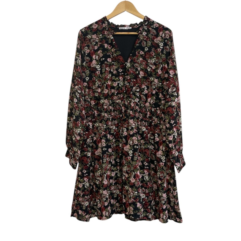 Women's Floral Long Sleeve Dress - Black with Pink Mix